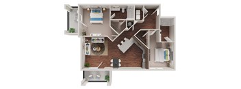 A 3D floor plan of a small apartment with a kitchen, living room, and bedrooms.