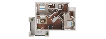 A 3D floor plan of a small apartment with a kitchen, living room, and bedroom.