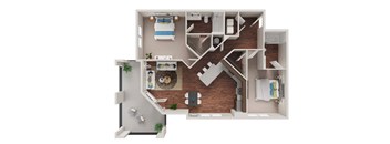 A 3D rendered image of a house layout.