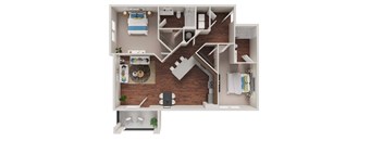 A 3D floor plan of a small apartment with a kitchen, living room, and bedroom.