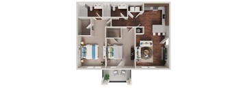 A top down view of a small apartment with a bedroom, living room, kitchen, and bathroom.
