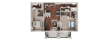 A 3D floor plan of a small apartment with a kitchen, living room, and bathroom.