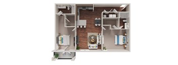 A dollhouse with a brown floor and white walls.