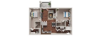 A 3D floor plan of a small apartment with a kitchen, living room, and bathroom.