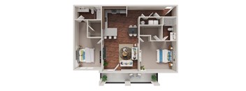 A 3D floor plan of a small apartment with a kitchen, living room, and bathroom.