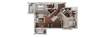 A top-down view of a small apartment with a living room, kitchen, and two bedrooms.