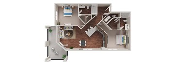 A 3D floor plan of a house with a kitchen, living room, and bedrooms.