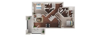 A 3D floor plan of a house with a kitchen, living room, and two bedrooms.