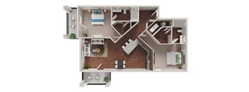 A 3D floor plan of a house with a kitchen, living room, and bedrooms.