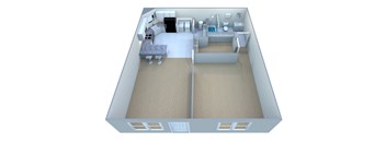 A 3D image of a house layout with two bedrooms, a living room, a kitchen, and a bathroom.