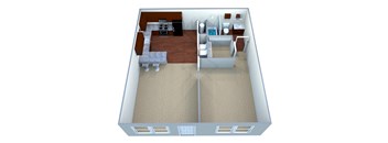 A 3D rendered image of a small apartment.