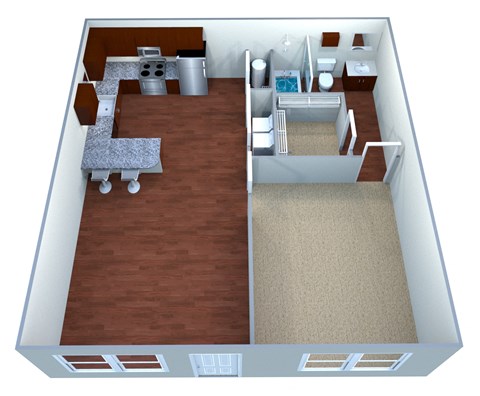 a floor plan of a one bedroom apartment, with a bathroom and a living room with a