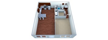 A 3D image of a small apartment with a kitchen, living room, and bathroom.