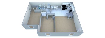 A 3D image of a house layout with a kitchen, living room, and bathroom.