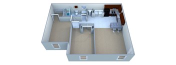 A 3D image of a house layout with a kitchen, living room, and bathroom.