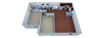 A 3D rendered image of a house layout.
