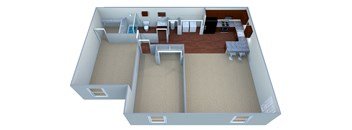 A 3D image of a house layout with a kitchen, living room, and bathroom.