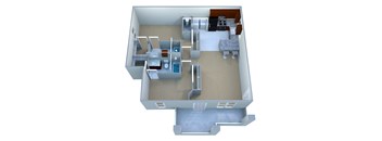 A 3D rendered image of a small apartment layout.
