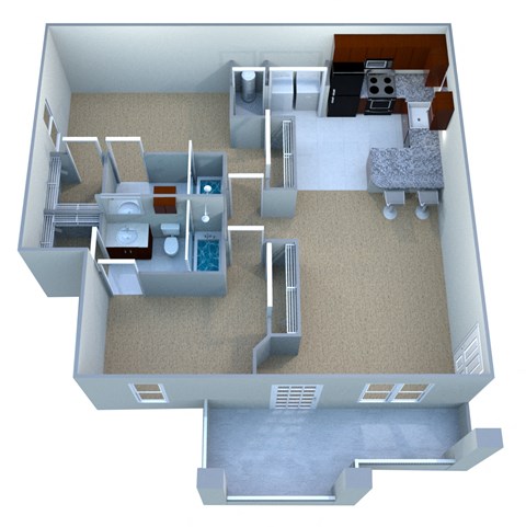 A 3D rendered image of a small apartment layout.