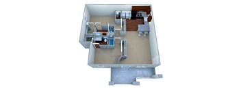 A 3D floor plan of a house with a kitchen, living room, and bathroom.