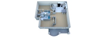 A 3D rendered image of a house layout.
