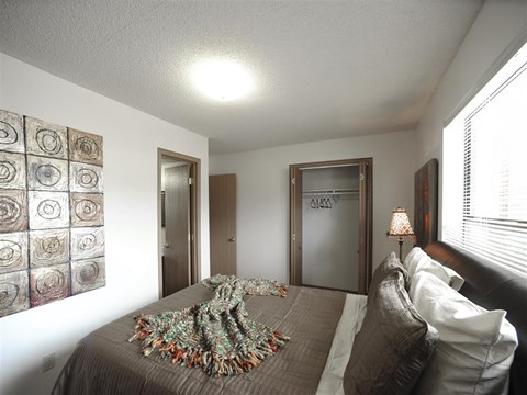 a bedroom with a bed with a blanket on top of it