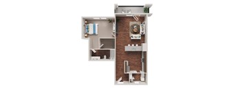 A floor plan of a small apartment with a kitchen, living room, and bathroom.