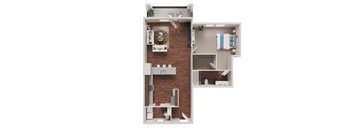 A 3D floor plan of a small apartment with a kitchen, living room, and bathroom.