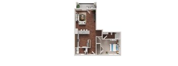 A floor plan of a house with a living room, kitchen, and bathroom.