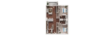 A floor plan of a small apartment with a kitchen, living room, and two bedrooms.