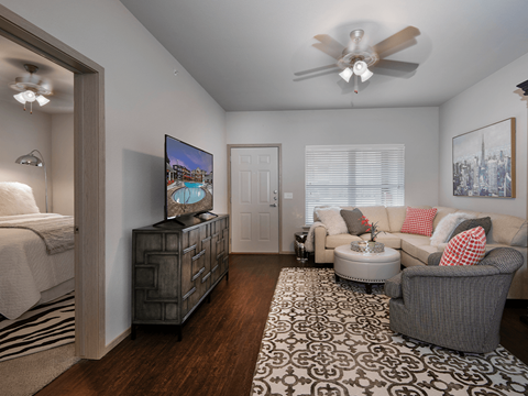 a living room with a couch and chair and a flat screen tv