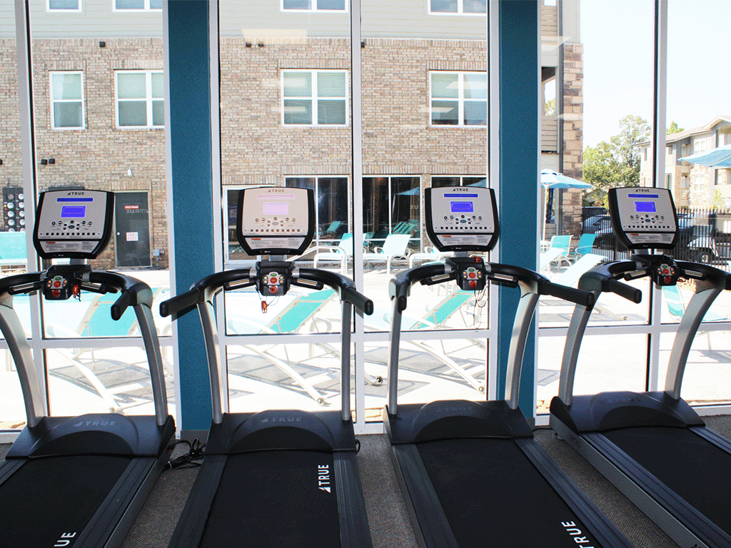 a row of cardio machines in a gym with a swimming pool