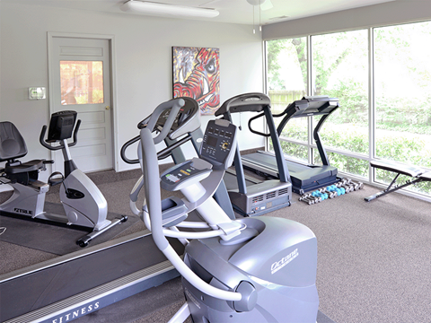a gym with cardio equipment and large windows