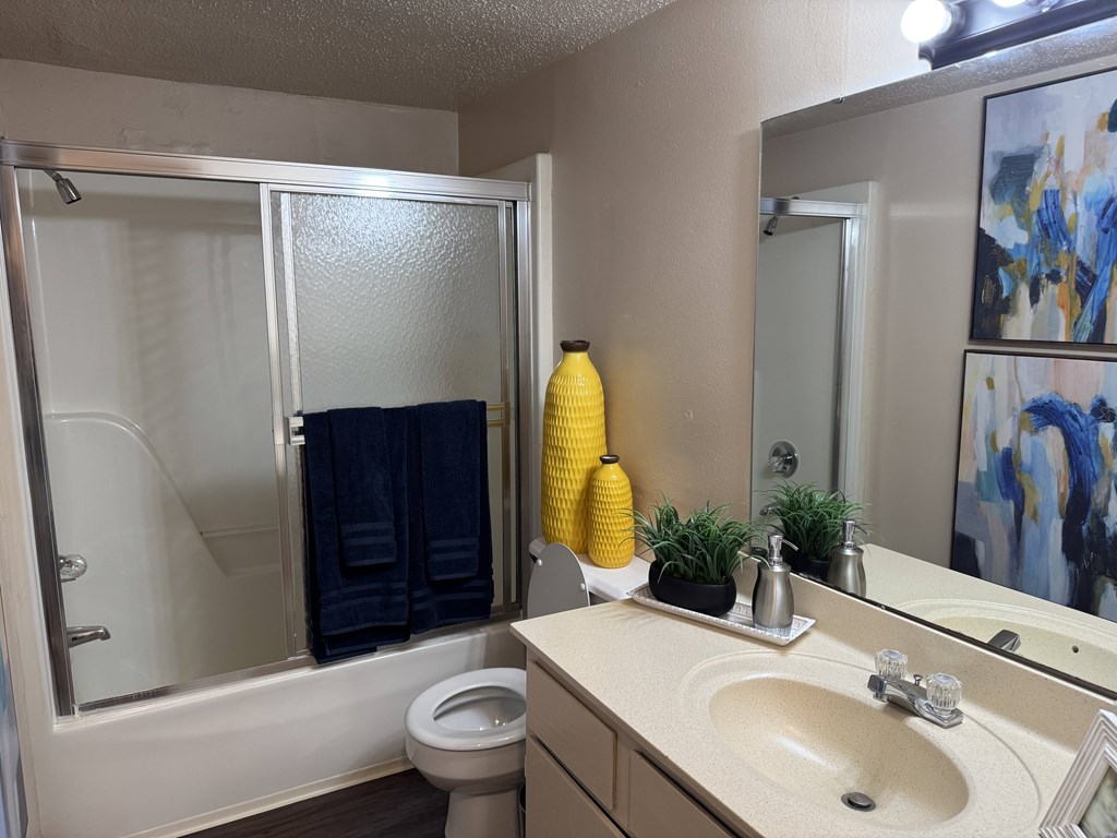 A bathroom with a sink, mirror, and shower.