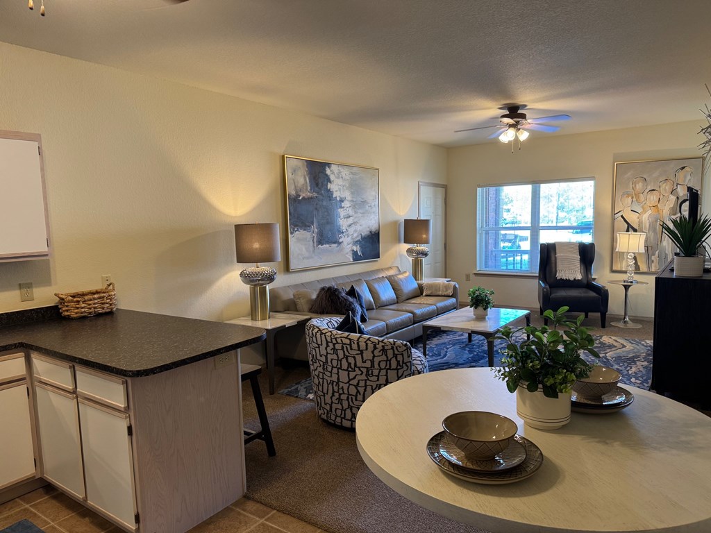 A living room with a black countertop and a grey sofa.