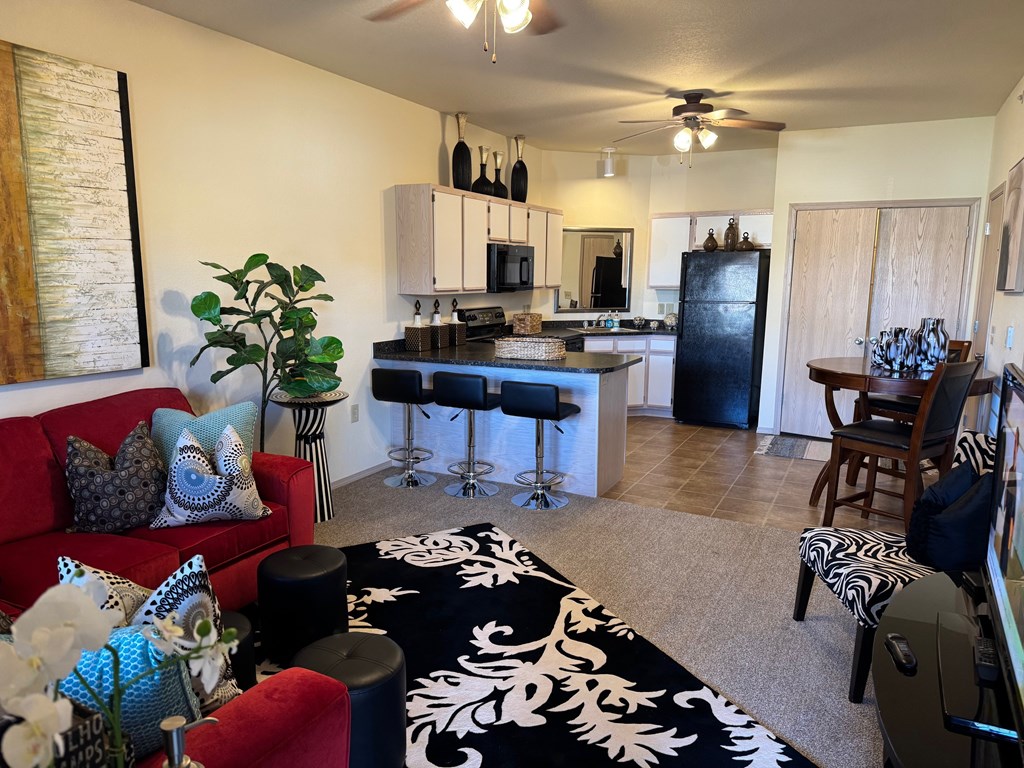 A living room with a red couch and a black and white rug.