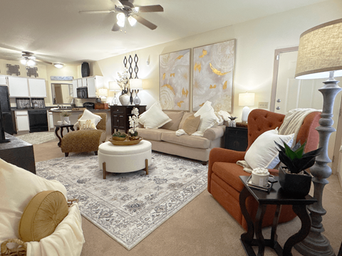 A living room with a white rug and a brown chair.
