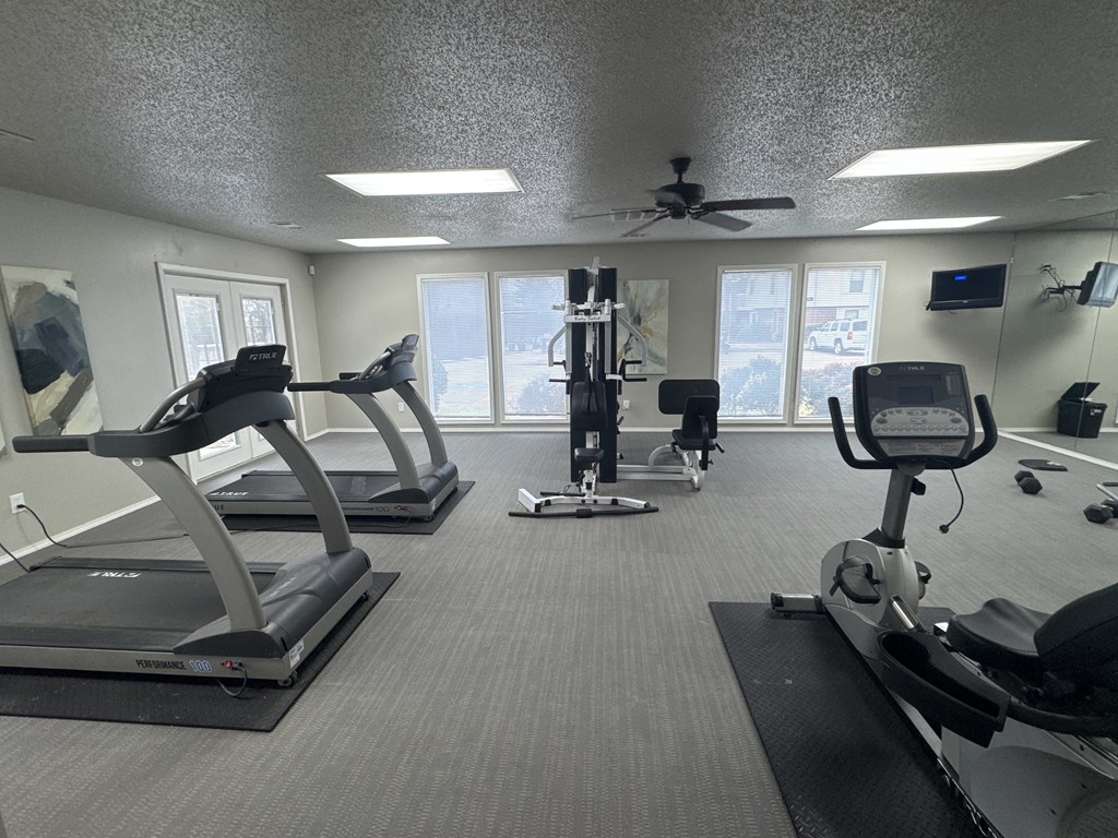A gym with treadmills, elliptical machines, and a weight machine.