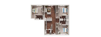 A top-down view of a small apartment layout with a kitchen, living room, and bedrooms.