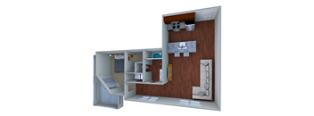 A 3D rendered image of a house layout.