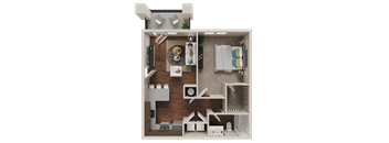 A 3D floor plan of a small apartment with a kitchen, living room, and bathroom.