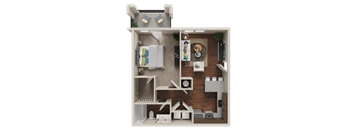 A 3D floor plan of a small apartment with a kitchen, living room, and bathroom.