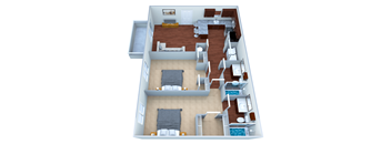 a floor plan of a two story apartment with a bedroom and two bathrooms, a living room