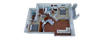 a floor plan of a one bedroom apartment with two bathrooms and a living room with a fireplace