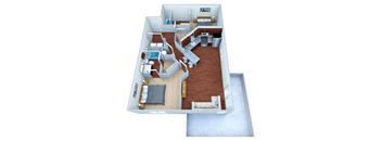 a floor plan of a one bedroom apartment with a bathroom and a living room with a fireplace