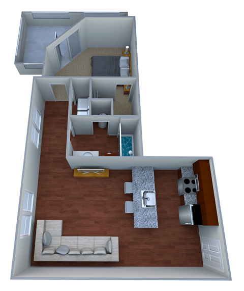 a floor plan of a one bedroom apartment with a bathroom and a balcony