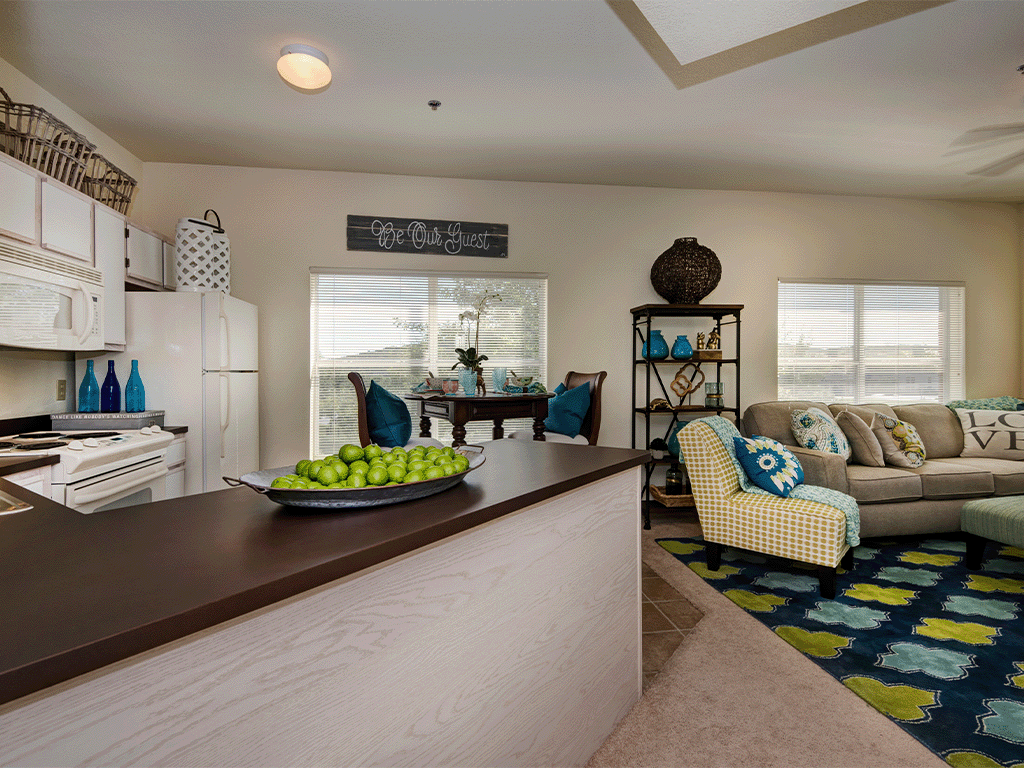 a living room with a kitchen and a couch
