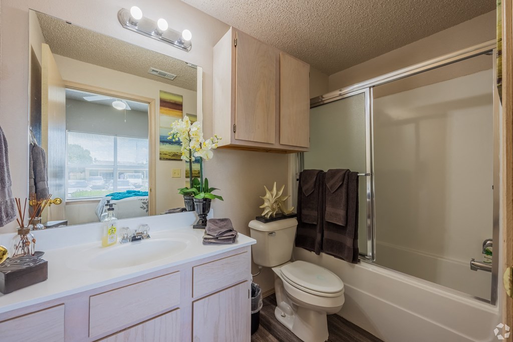 a bathroom with a shower toilet and sink