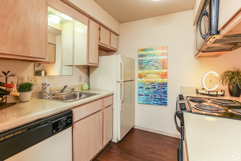 a kitchen with a sink and a refrigerator and a stove