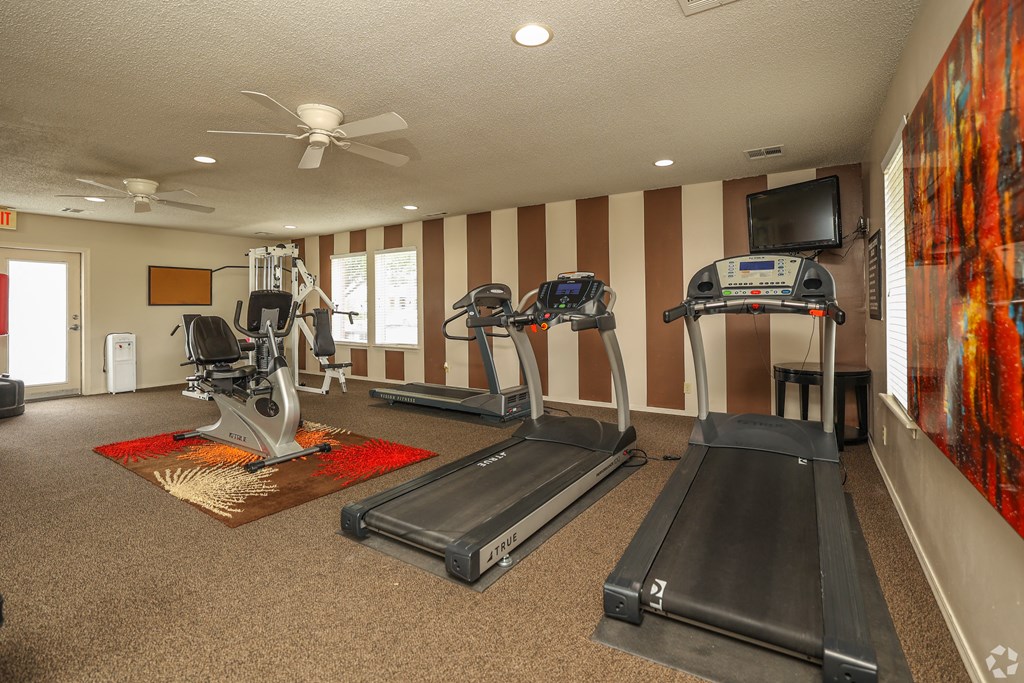 a gym with treadmills and a tv on the wall